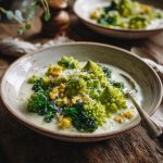 A rustic, elegant creamy broccoli Romanesco, vibrant green Romanesco florets with natural fractal shapes