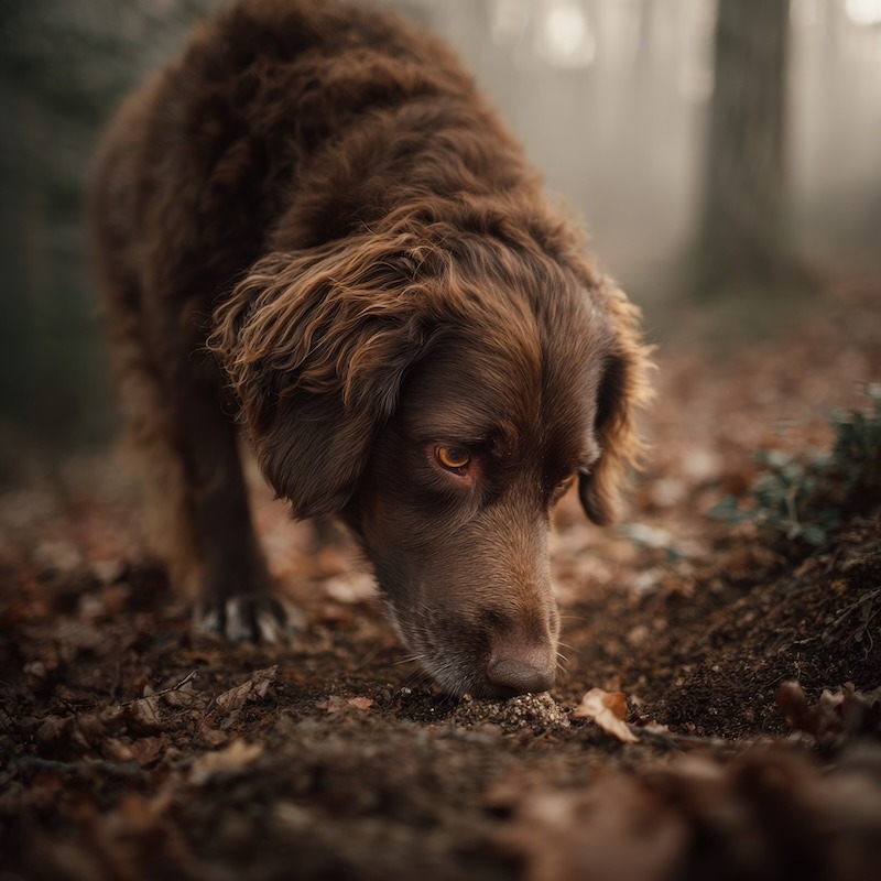 A truffle-hunting dog sniffing the forest floor in an oak and hazelnut woodland.