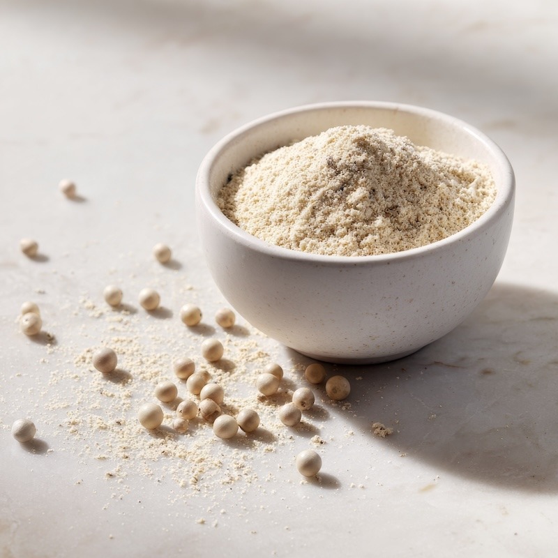 Small white ceramic bowl filled with finely ground white pepper, whole white peppercorns scattered.