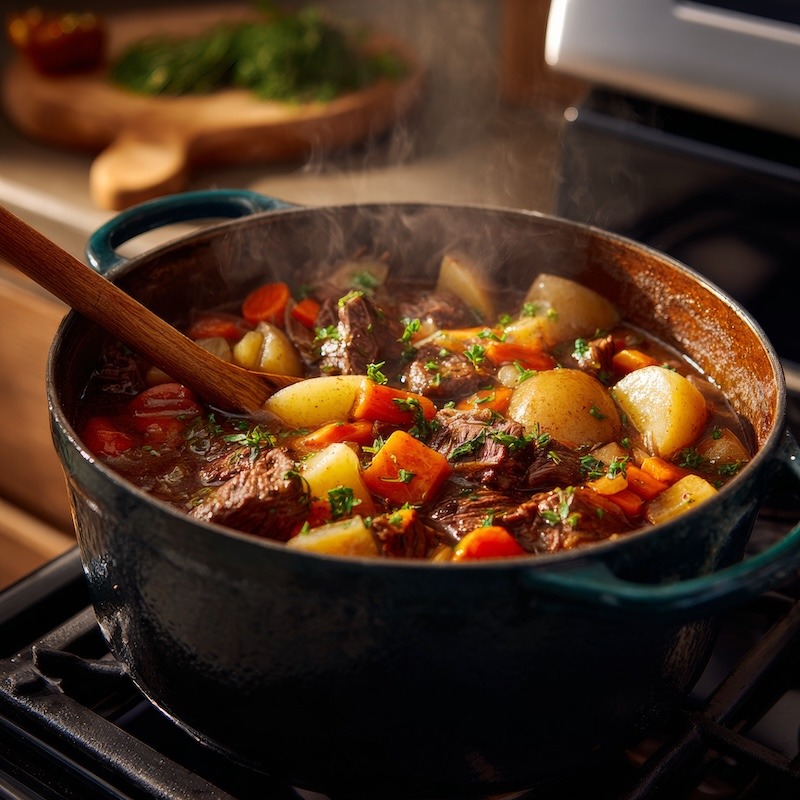 Steaming beef stew with root vegetables, carrots and potatoes.