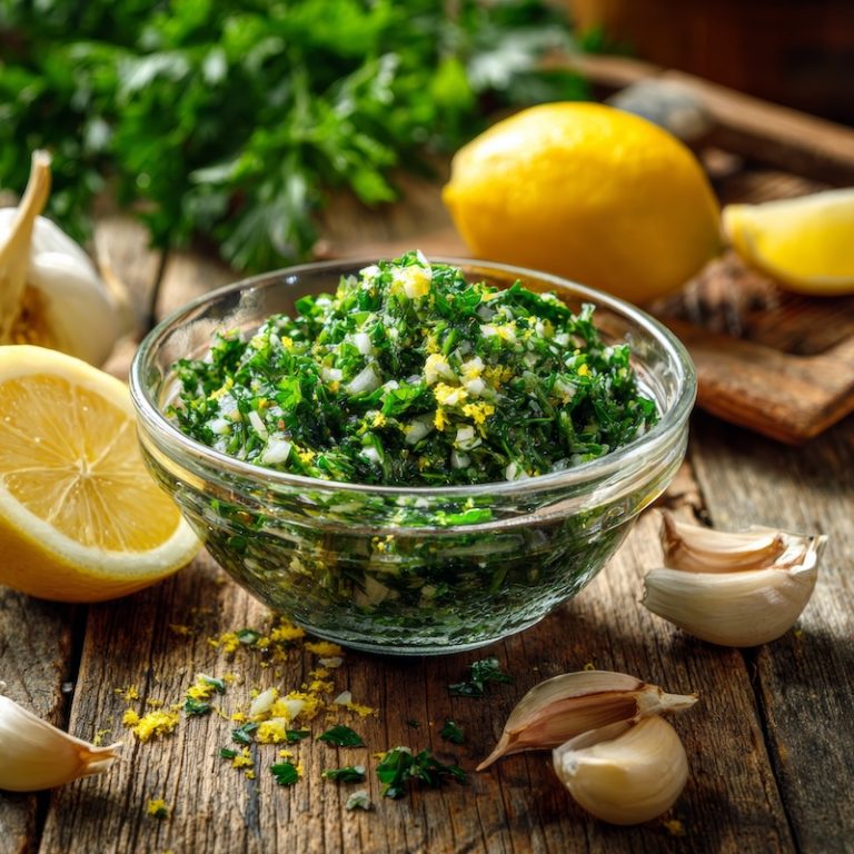 A vibrant gremolata made of finely chopped parsley, garlic, and lemon zest
