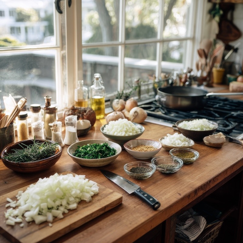 A good example of what mise en place looks like in a home kitchen.