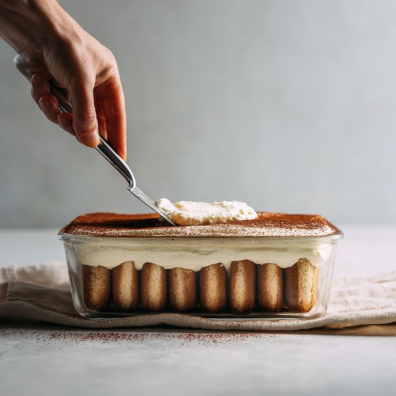 Assembling tiramisu in a rectangular glass dish, with a neat layer of coffee-soaked ladyfingers at the bottom and smooth mascarpone cream being gently spread on top, set on a clean countertop with soft natural light and a neutral Italian kitchen background.