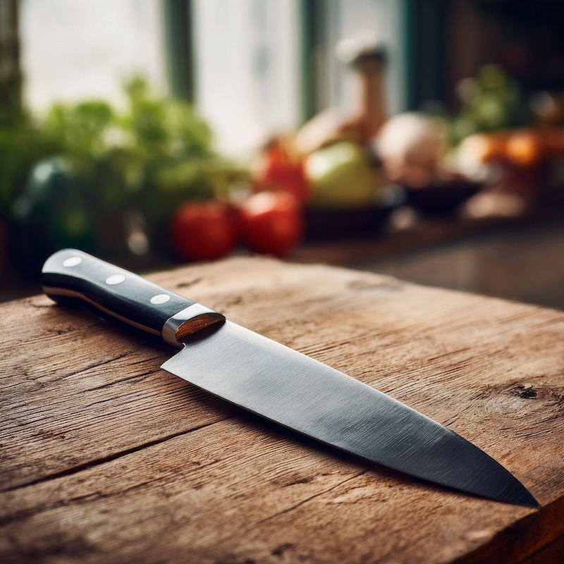 A professional chefs knife resting on a well-worn wooden cutting board.