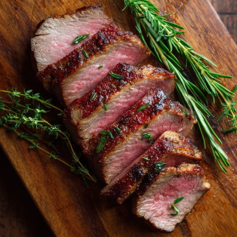 Top-down view of cooked meat slices on a wooden cutting board.