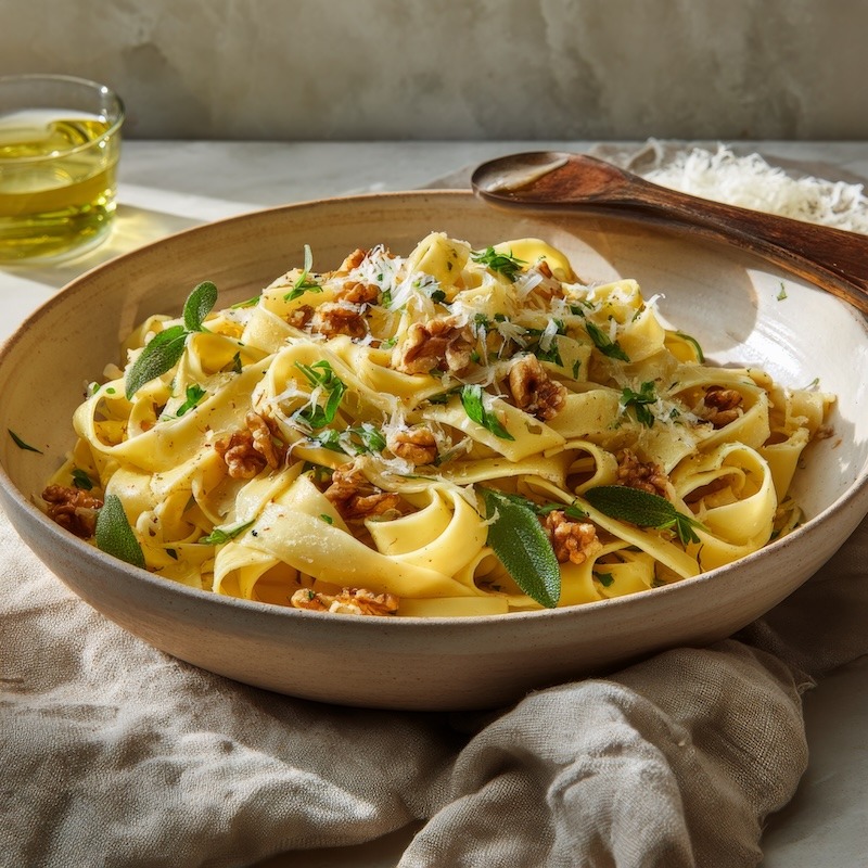 Tagliatelle pasta with walnuts and lemon, long ribbons of pasta lightly glossed with butter and cream, toasted walnut pieces scattered throughout.