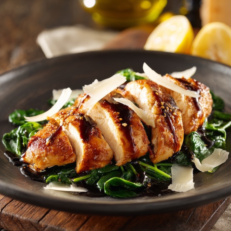 Pan-roasted chicken breasts with a soy-honey-mirin glaze, lightly floured and seared to golden brown, sliced and served over a bed of glossy sauteed spinach.