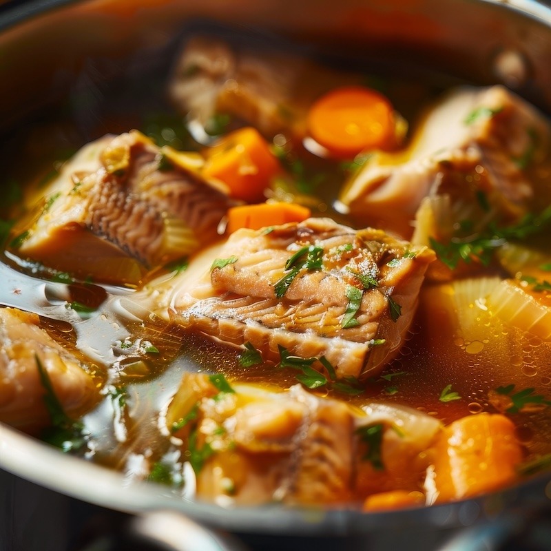 A stock pot filled with fish stock simmering.