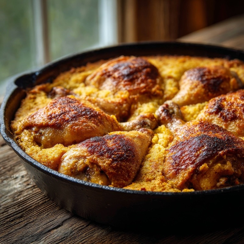 Chicken baked in cornbread, bone-in chicken thighs and drumsticks baked into golden cornbread batter.