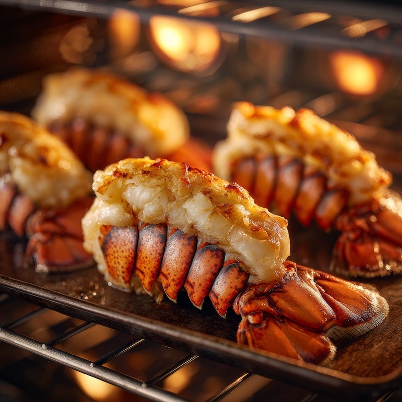 lobster tails on a sheet pan inside a broiler oven