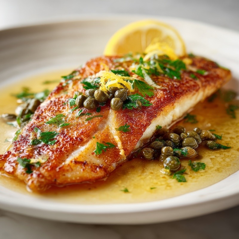 Pan-seared red snapper fillet topped with glossy lemon caper butter sauce
